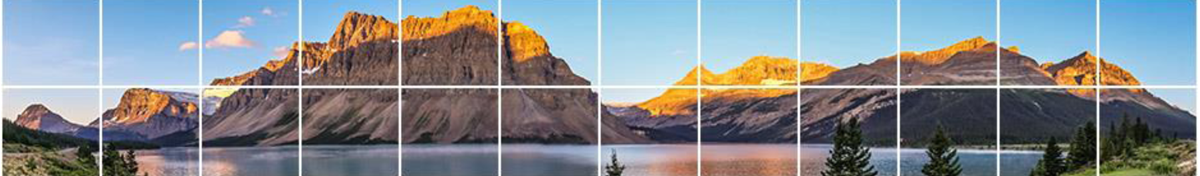 Pictured is a panorama of sunrise at Bow Lake, Banff National Park in Alberta, Canada.