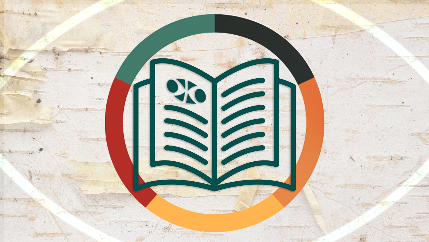 Symbole d’un livre ouvert avec le logo du Comité consultatif autochtone, représentant les résumés et les procès-verbaux des réunions, à l’intérieur d’un anneau coloré sur un fond d’écorce de bouleau. 