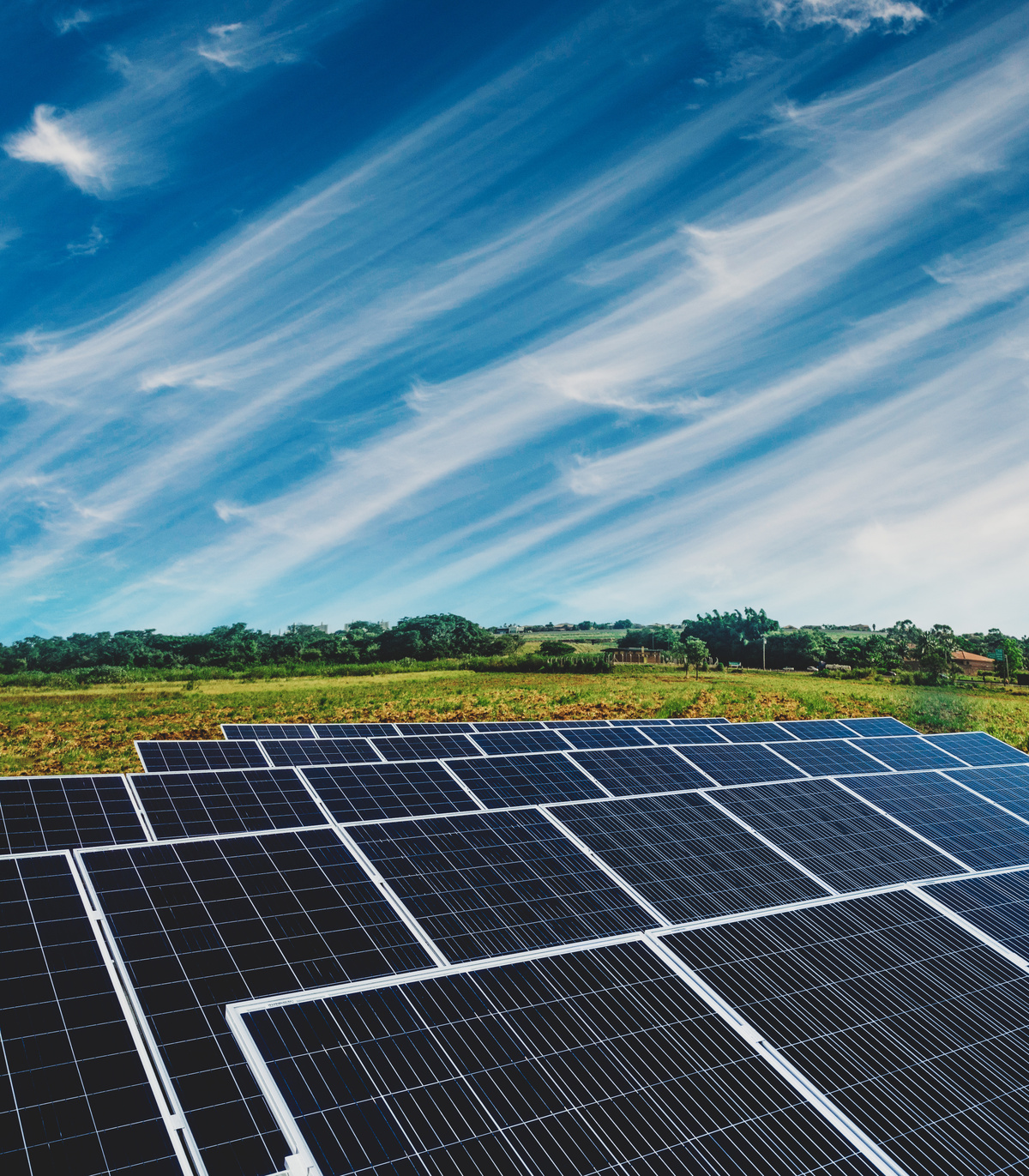Panneaux solaires dans un champ, au-dessus d’un magnifique ciel bleu avec nuages.