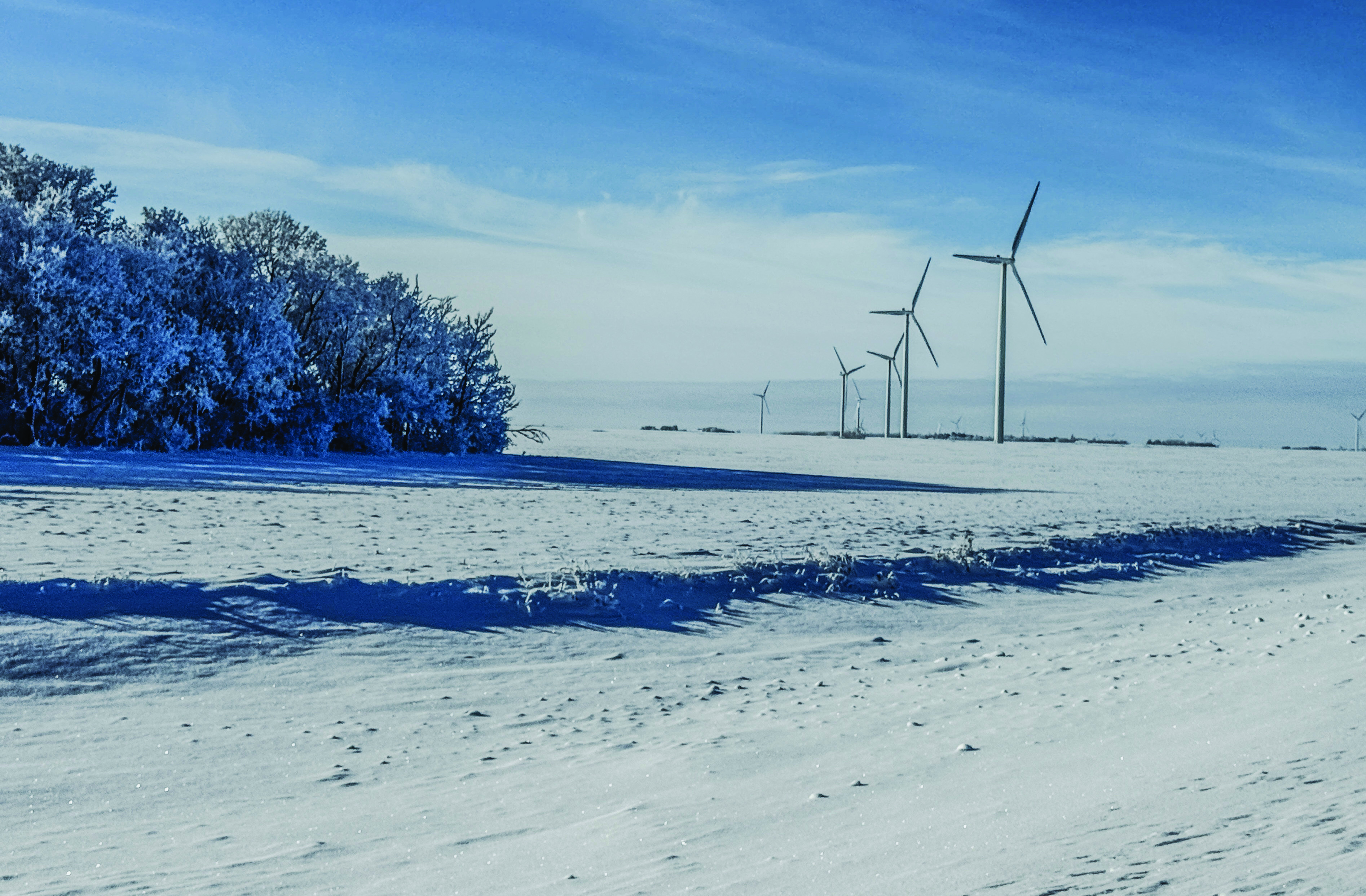 Éoliennes dans un champ enneigé du Manitoba, une journée d’hiver.