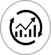 An upward arrow sits atop a bar graph. Both are encompassed by two arrows that form a circle in a clockwise direction. The icon sits on a white circle.