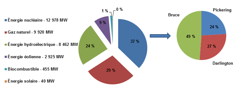 Le diagramme circulaire montre la capacité de production installée, selon le type de combustible, pour le mois de juin 2015. En Ontario, cette capacité se chiffre à 34 780 MW. À 12 978 MW, la capacité nucléaire installée représente 37 % de toute la capacité de production installée et la moitié (49 %) de ce pourcentage est attribuable à Bruce Power. Viennent ensuite Darlington, à 27 %, et Pickering, à 24 %.