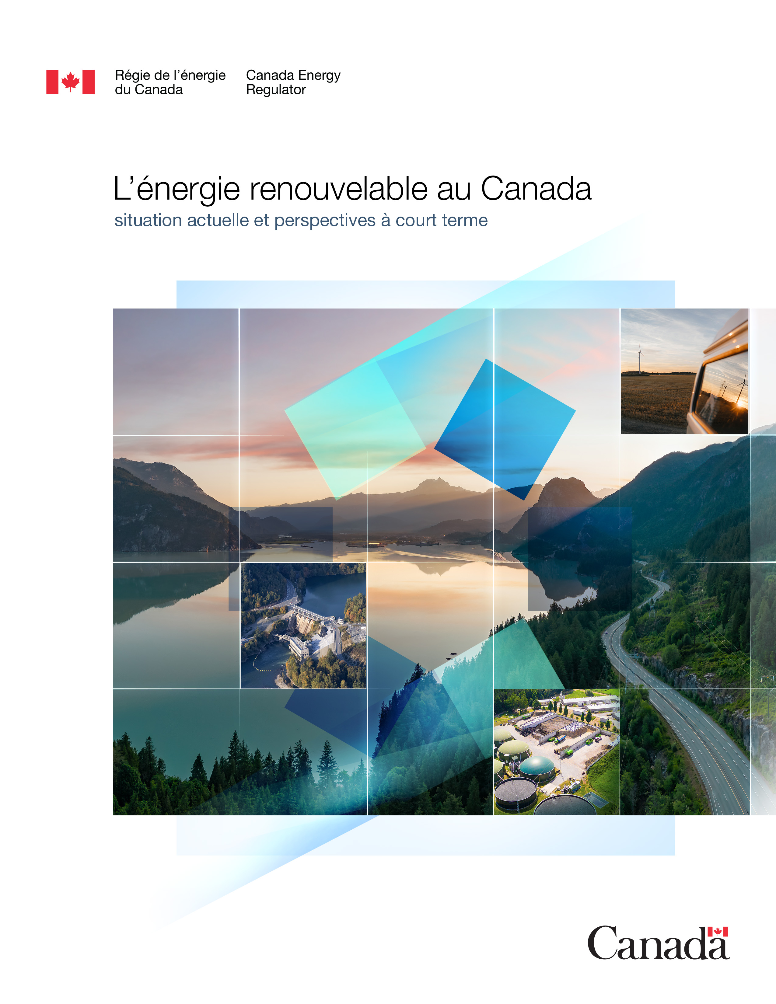 Cette image est l’illustration de la couverture du rapport. En arrière-plan, un coucher de soleil éclaire une montagne et un lac. Une route longe le lac et se fond dans l’horizon. Un cercle composé de carrés transparents bleus et sarcelles se superpose à l’arrière-plan, suggérant un cycle de renouvellement. Une grille blanche couvre l’ensemble de l’image et trois photos y sont disposées pêle-mêle : un biodigesteur, une vue aérienne d’un barrage hydroélectrique entouré d’une forêt boréale et des éoliennes devant un coucher de soleil se reflétant sur la fenêtre arrière d’une fourgonnette.