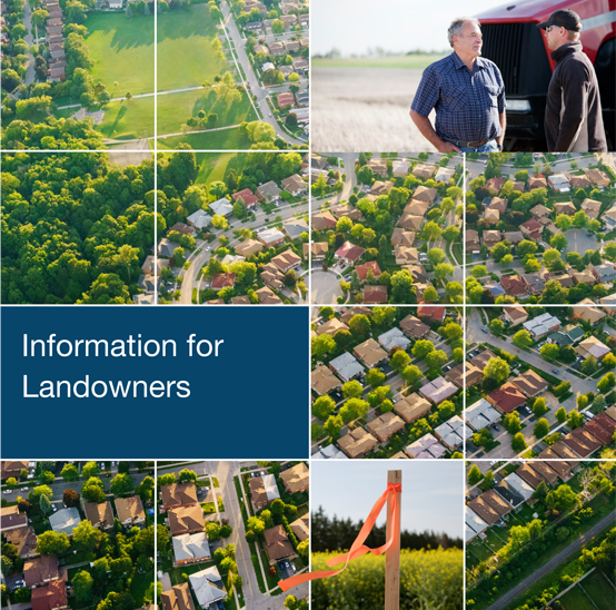 Cover image: Administrative Monetary Penalties: Information for Landowners – Two men are chatting in front of a combine &ndash and a surveyor’s stake is superimposed over an aerial photo of farmland