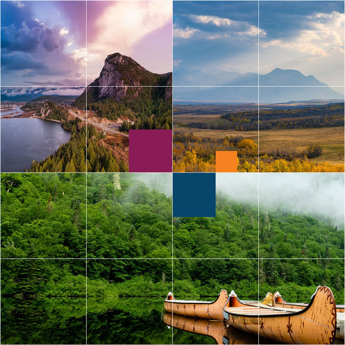 A series of Canadian landscapes including mountains, ocean, lakes, and a canoe.