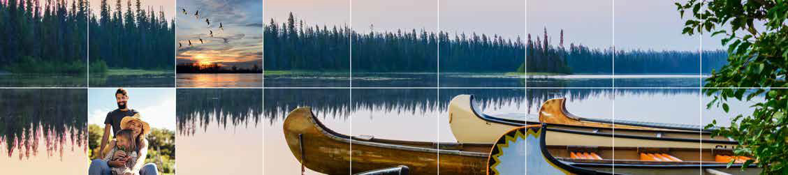 Petites photos d’une volée d’oies au coucher du soleil et d’une jeune famille juxtaposées à une image de canoës sur les rives d’un lac comme toile de fond.