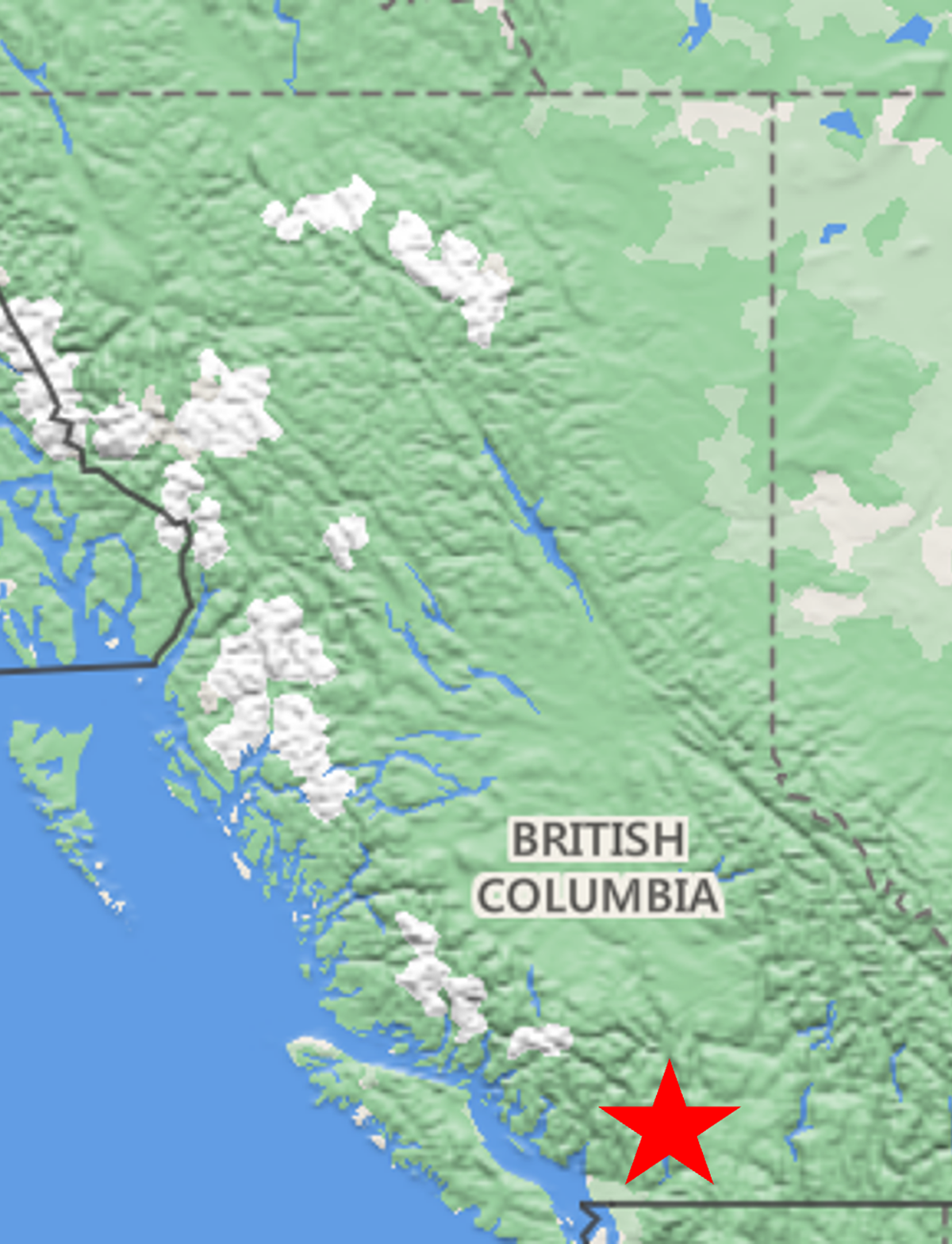 Map of British Columbia, highlighting Hope, BC