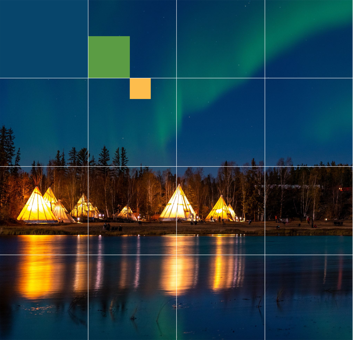 Light up tipis reflected in the water and Aurora Borealis
