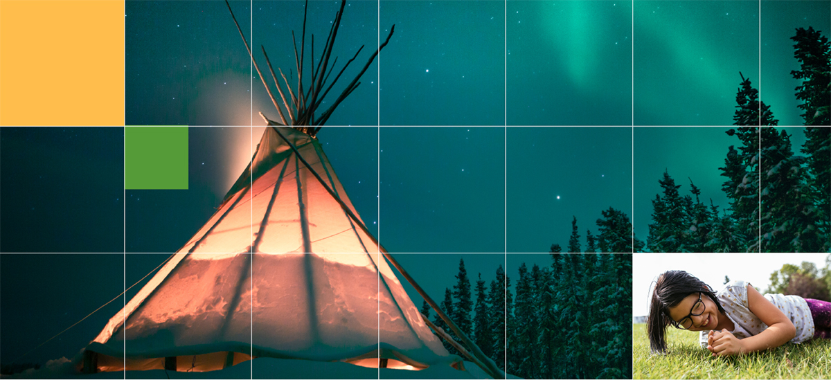 Glowing Teepee with snow-covered spruce trees and a green-coloured northern sky with stars and northern lights in the background, Yellowknife, Northwest Territories