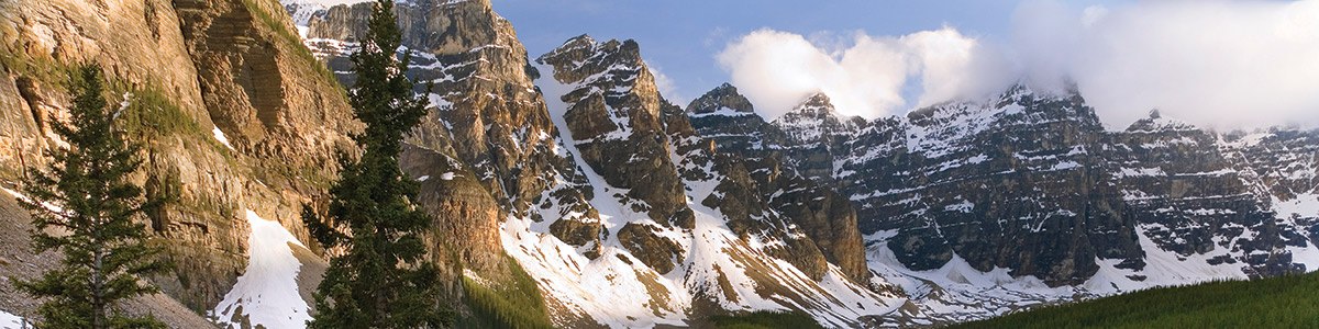 Vue panoramique des montagnes Rocheuses enneigées avec de l'herbe verte au premier plan.
