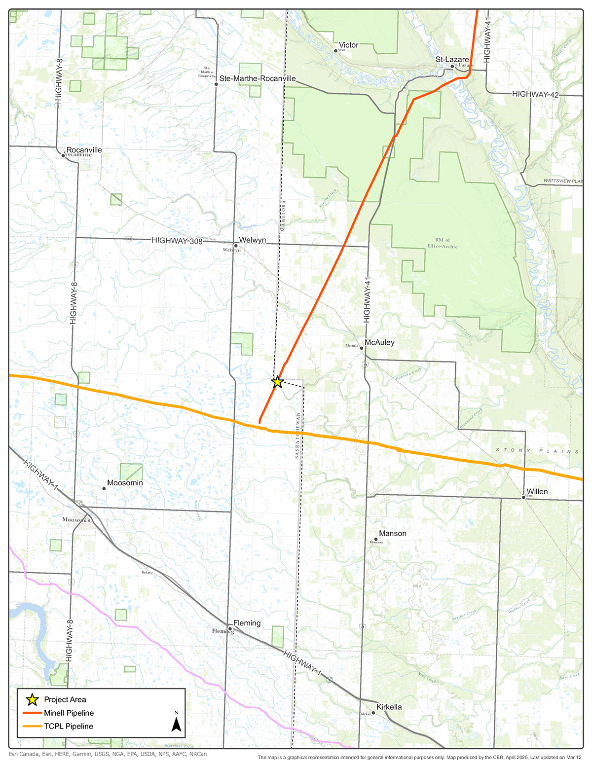 graphical representation intended for general informational purposes only. Map produced by the CER, April 2025. Last updated Mar 12