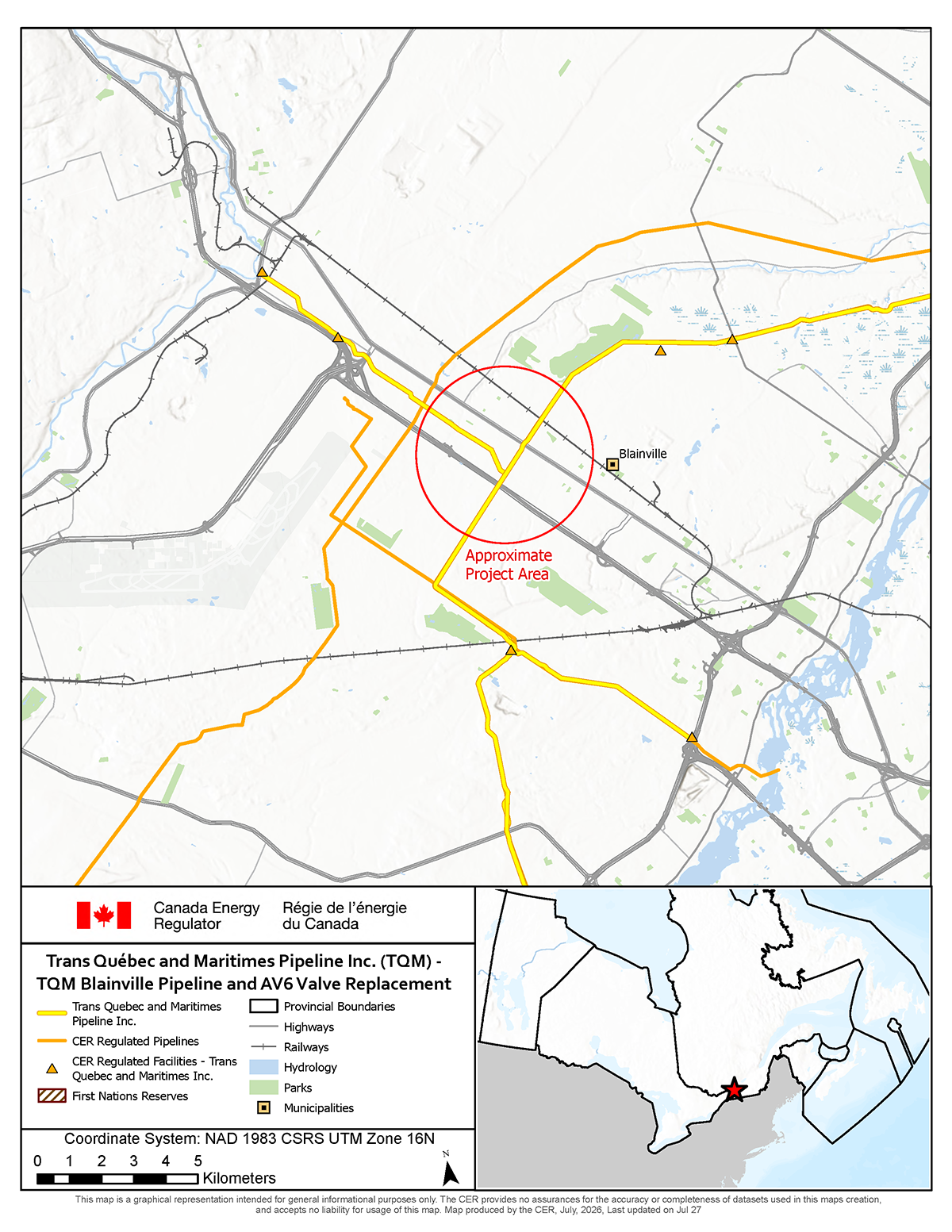 Trans Québec Maritimes Pipeline Inc. - TQM Blainville Pipeline and AV6 Valve Replacement Project map