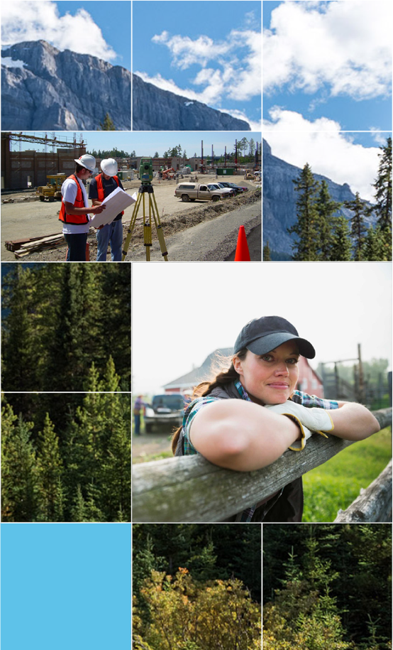 Two land surveyors wearing PPE on construction site looking at map beside surveying tripod and country woman with arms crossed over wooden fence rail wearing work gloves and baseball cap.