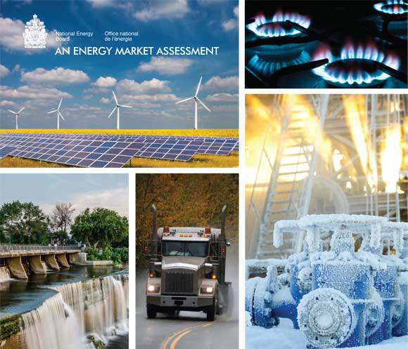 Photos: top left: wind turbines and solar panels in a canola field; bottom left: the Rideau Falls hydro-electricity dam in summer time; bottom centre: a transport truck on a rainy highway in autumn; top right: a natural gas cooking range with burners lit; bottom right: oil rig valves frosted in winter time.