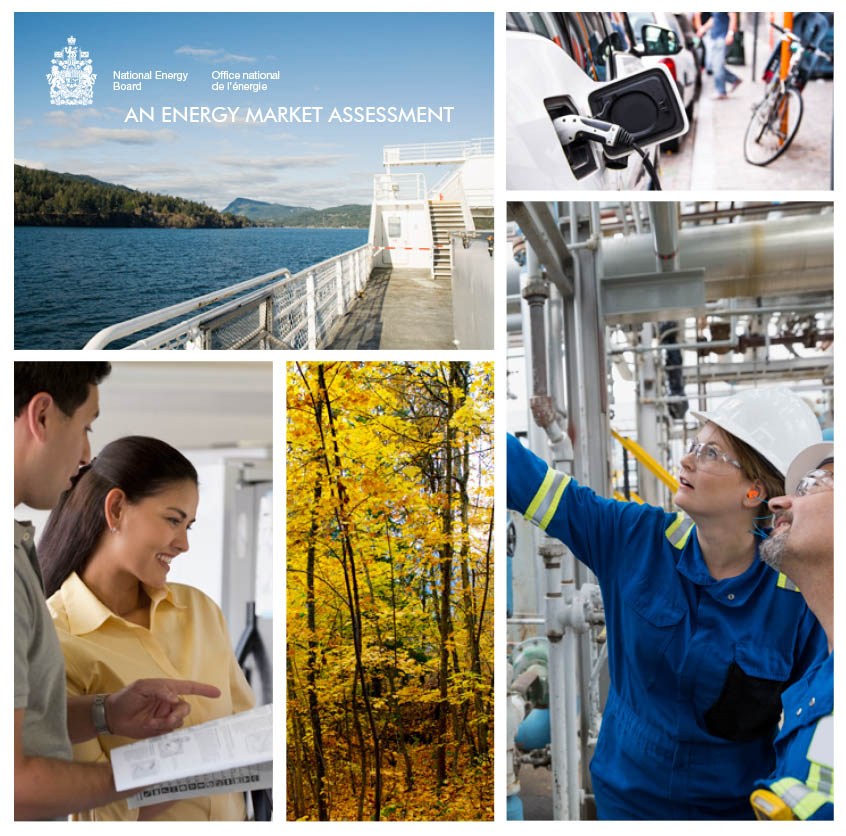 Photos: top left: The view of a BC Ferries ferry deck as the vessel travels through Howe Sound on a sunny day.; top right: Detail shot of a white electric vehicle plugged in at a charge station.; bottom left: A couple reading the user manual of an energy efficient appliance.; bottom middle: Aspen forest during autumn, the leaves golden for the season.; bottom right: Two engineers in personal protection equipment check valves at a natural gas plant.
