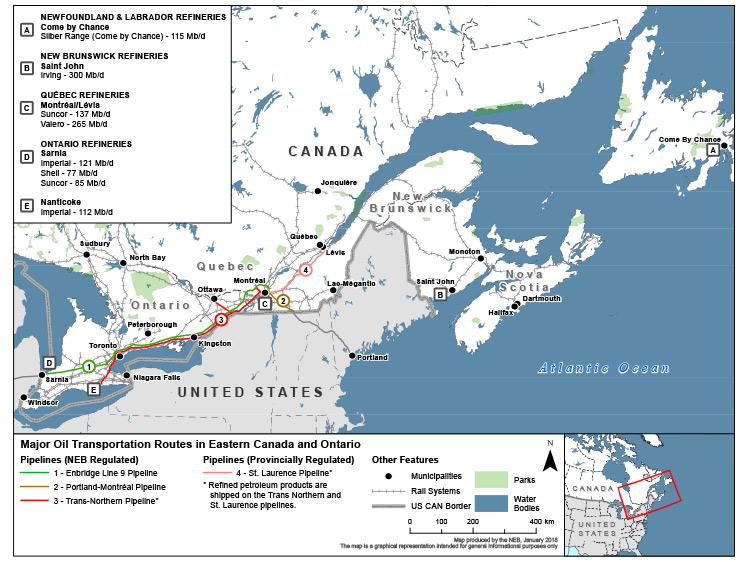 Figure 13: Eastern Canada and Ontario - Refineries and Major Oil Transportation Routes 
