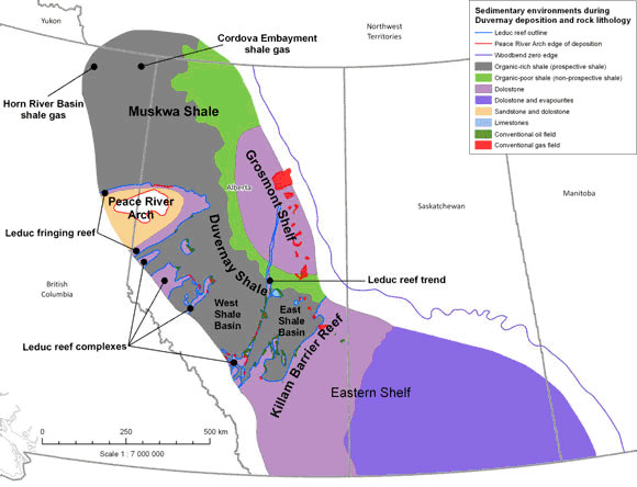 Figure 14 - Map of depositional setting during Duvernay shale deposition