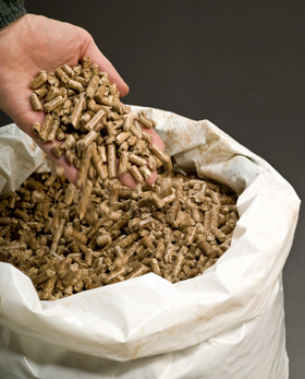 A human hand spills biomass pellets into a large sack