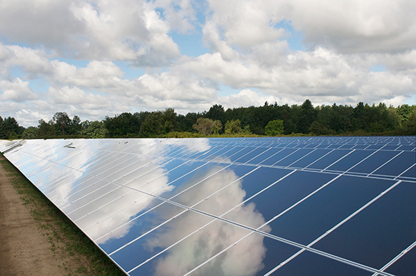 A solar farm underneath a cloudy sky. In the background is a forest.