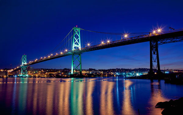 Angus L. Macdonald Bridge at twilight, connecting Halifax and Dartmouth.