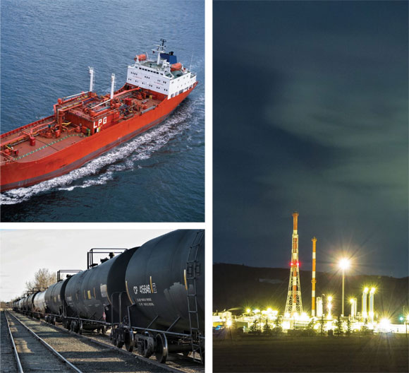 Clockwise from top left: An LPG tanker in open water; A natural gas processing facility at night; A line of rail tank cars. 