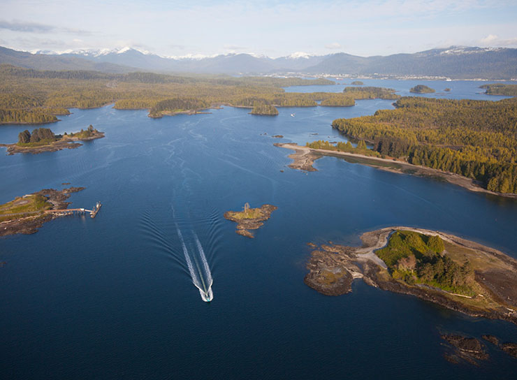 Aerial view of a nautical vessel of the North Coast of British Columbia, Canada.