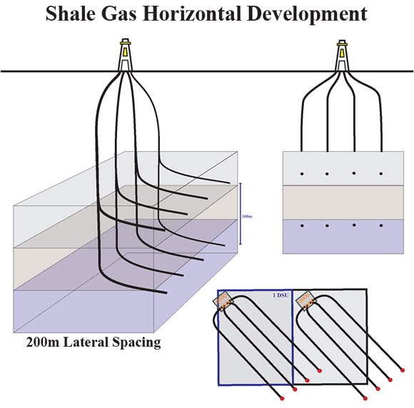 Figure 7: Schematic of a multi-well drilling pad and multiple horizontal wells originating from the same wellsite