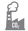 A grey and white illustration of a plant with smoke stack and the acronym CO2.