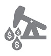 A grey and white illustration of a jack pump with droplets with dollar sigs underneath.