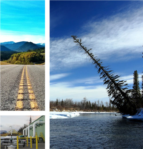 Top left: Highway 66 in Kananaskis Country in autumn, bottom left: natural gas pipeline compressor station, bottom  right: Elbow River in winter