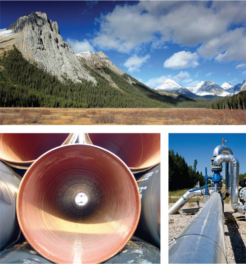 Top: Commonwealth Peak in Kananaskis Country, bottom left: cross-section view of empty pipe, bottom right: above ground pipeline valve
