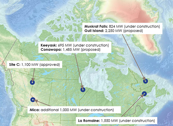 Figure 16 Map of Canadian Hydroelectric Projects with Capacity and Status