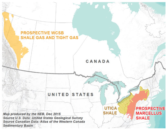Figure 13 Map of WCSB and Northeast U.S. Shale Gas Basins