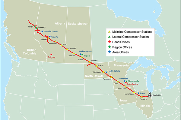 This map shows the location of the Alliance Pipeline system across North America, including head offices and mainline compressor stations.