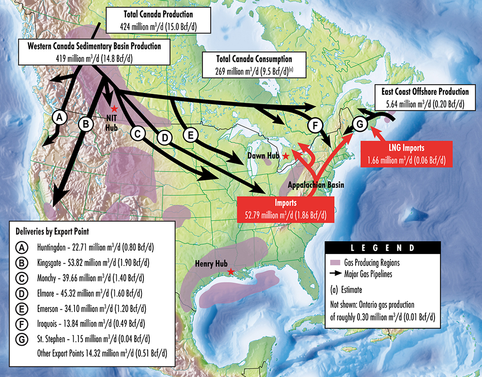 This map provides an overview of the supply and disposition of Canadian natural gas in 2015