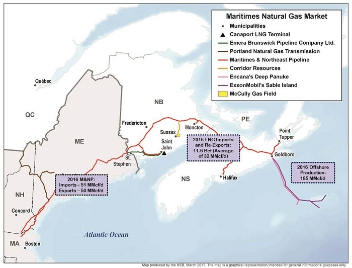 This map illustrates natural gas trade in the Maritimes. Included are the Maritimes & Northeast Pipeline (M&NP), offshore production pipelines from the Sable and Deep Panuke platforms, the McCully field, and the Emera Brunswick pipeline that transports natural gas from the Canaport LNG terminal in Saint John, New Brunswick.