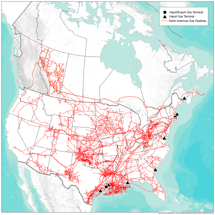 This is a map of major Canadian and U.S. natural gas pipelines. The Canadian pipelines extend from northeast British Columbia and northwest Alberta, through southern Saskatchewan and Manitoba, and into Ontario and Quebec. Pipelines also exist in New Brunswick and Nova Scotia, although these are not directly linked to the other Canadian pipelines.  The network of U.S. pipelines connects with the Canadian pipelines at various points across the country. The U.S. network is spread over the entire U.S. but has hubs in the Midwest, Northeast, and Gulf Coast.