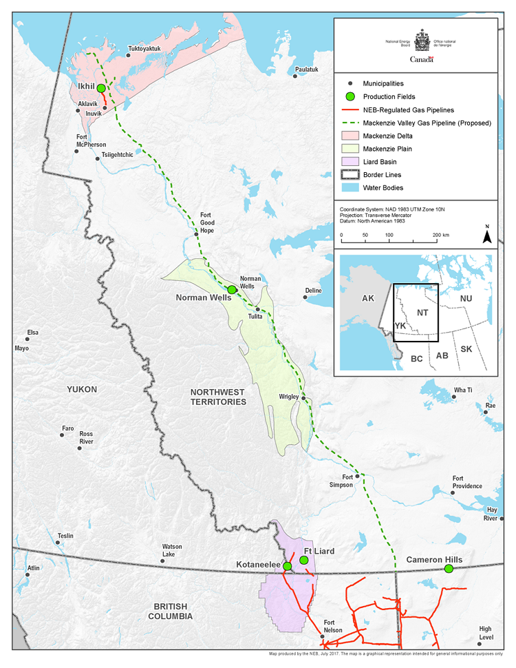This map displays natural gas production in the Northwest Territories, Yukon, northern British Columbia, and northern Alberta (AB). It shows the Ikhil field in the Mackenzie Delta at the northwest tip of NT, the Norman Wells field in the Mackenzie Plain of central NT, and the Kotaneelee and Ft Liard fields in the Liard Basin straddling the BC, NT, and YK borders. The Cameron Hills Field on the NT and AB border is also shown. Of these fields, only the ones in the Liard Basin are connected by NEB-regulated pipelines to northern AB and BC. The proposed Mackenzie Valley Gas Pipeline, which would potentially connect the Mackenzie Delta, the Mackenzie Plain, and northern AB is also shown on the map.