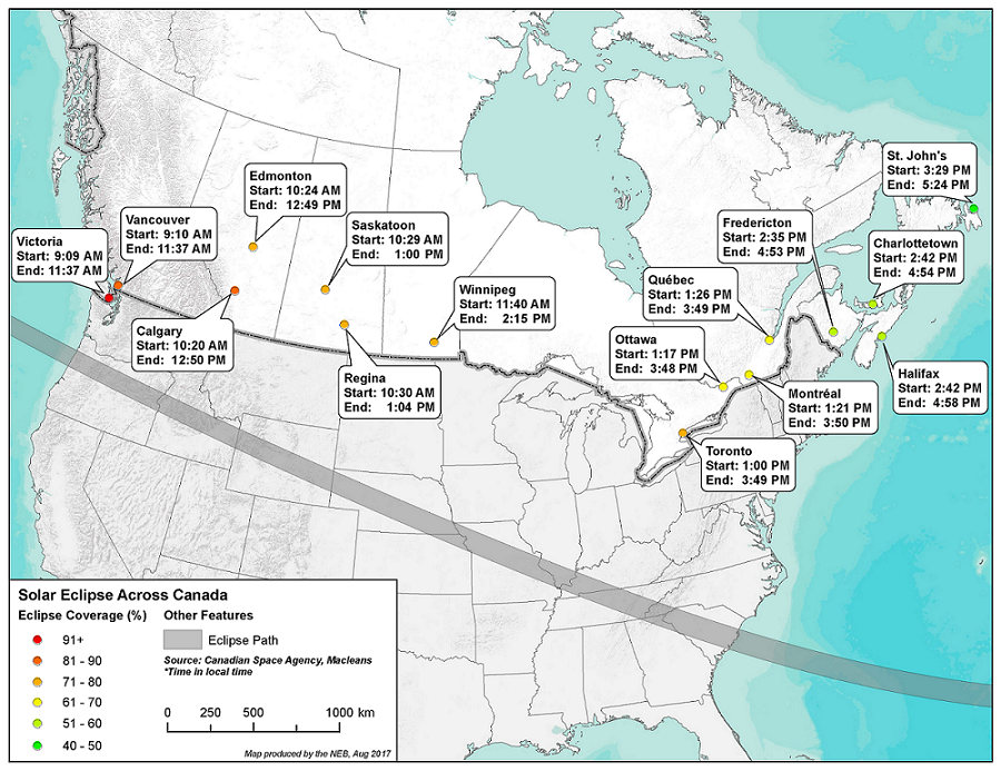 This partial map of North America shows the west to east trajectory of the 21 August 2017 solar eclipse. A grey line going through the U.S. shows the path of the full eclipse. The Canadian portion of map shows when, and to what degree, the partial solar eclipse will be visible in major Canadian cities. Coverage of the sun during the eclipse decreases from west to east, from a high of 91% in Victoria to a low of 43% in St. Johns.