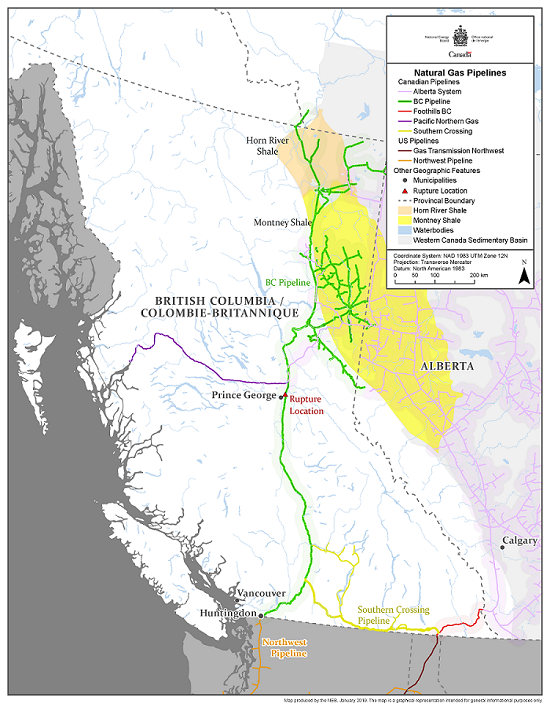 The map shows Enbridge’s BC Pipeline, FortisBC’s Southern Crossing pipeline and other relevant points.