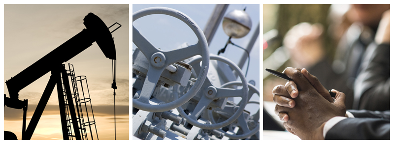 Photos: left: A pump jack silhouetted against the setting sun; centre: The grey valves and wheels of a pump station on clear day; right: Folded hands hold a pen on a board room table in a large meeting room.