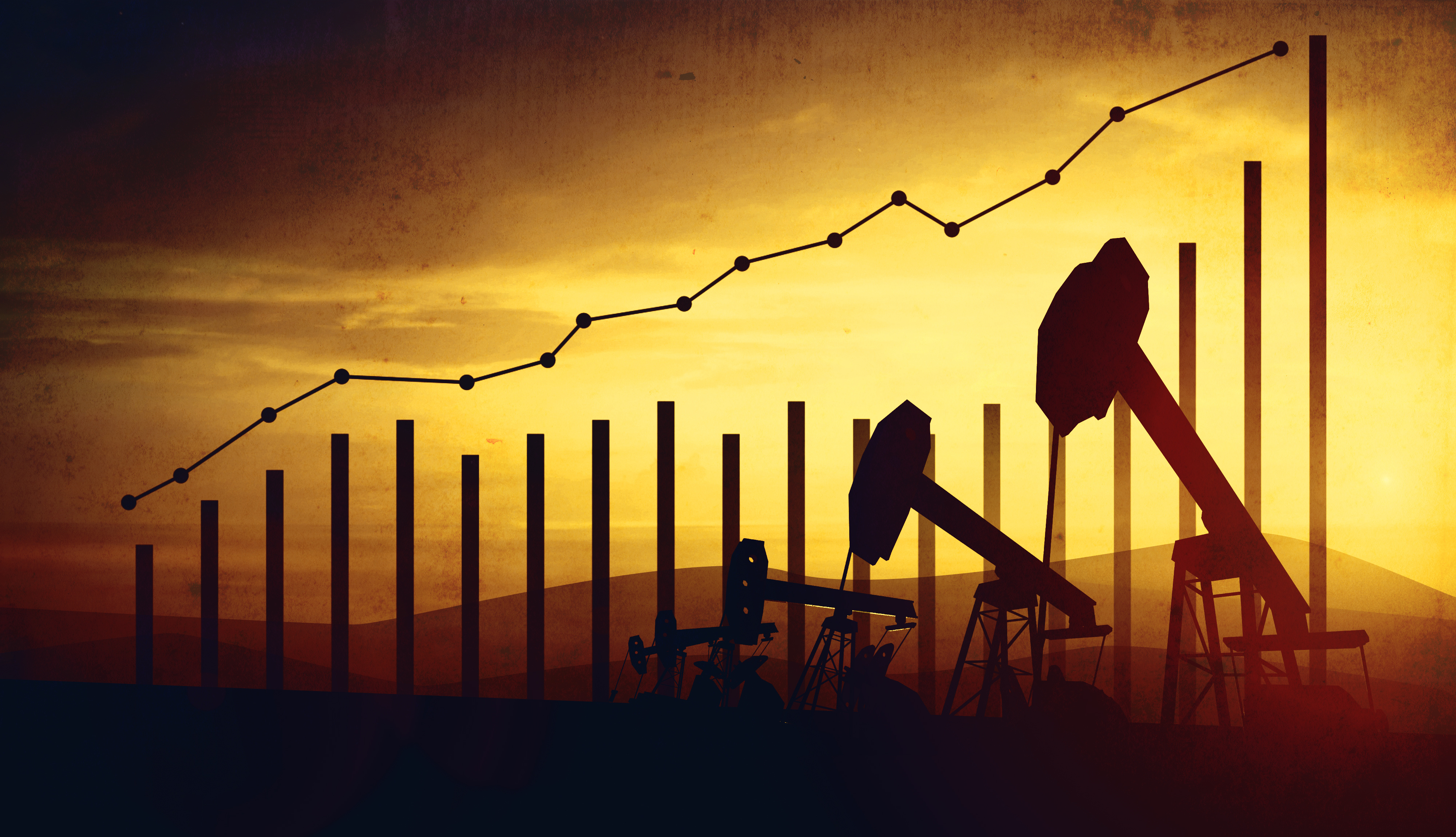 Image of oil derricks with upward trending bar and line graph representing oil prices increasing.