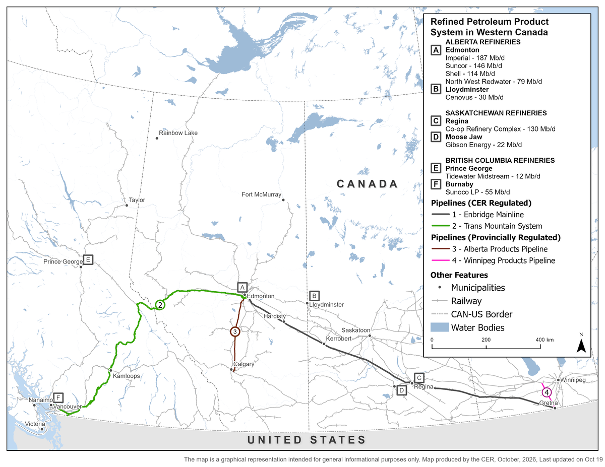 Refined petroleum product transportation network in western Canada