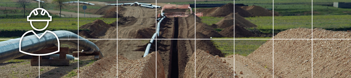 Banner with white intersecting lines and icon showing a dug trench ready for the installation of pipelines