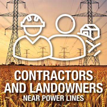 Icon over top of an image depicting golden wheat field and power lines – Contractors and landowners near power lines