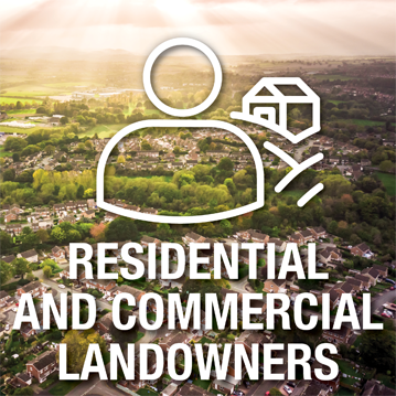 Landowners icon over top of an image depicting aerial view of residential and rural
environment – Residential and commercial landowners