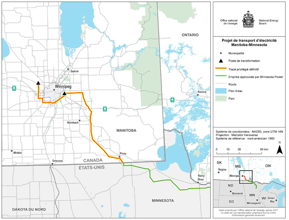 Carte du Projet de transport d’électricité Manitoba-Minnesota
