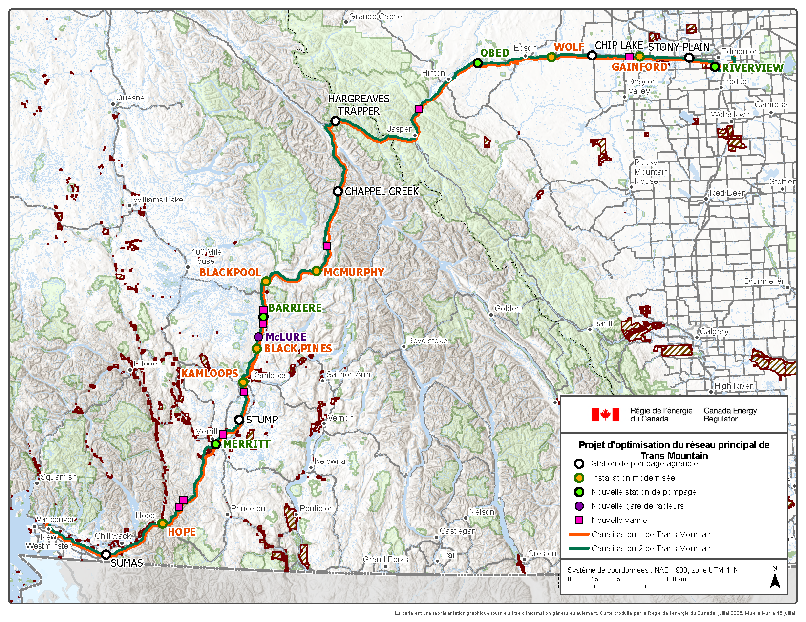 Trans Mountain Pipeline ULC – Projet d’optimisation du réseau principal carte