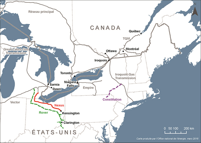 Figure 16 : Projets de gazoduc visant à desservir l’Ontario et le Québec