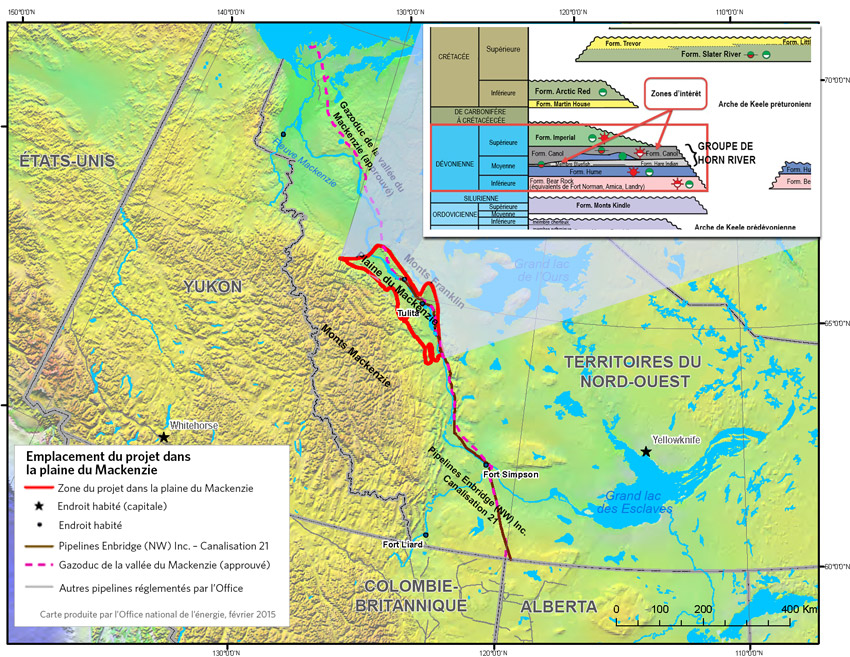 La zone encerclée en rouge indique l’emplacement du projet de la plaine de Mackenzie, aux Territoires du Nord-Ouest. Dans le coin supérieur droit de la carte, le diagramme multidimensionnel représente les  gisements de schiste : Canol et Bluefish.